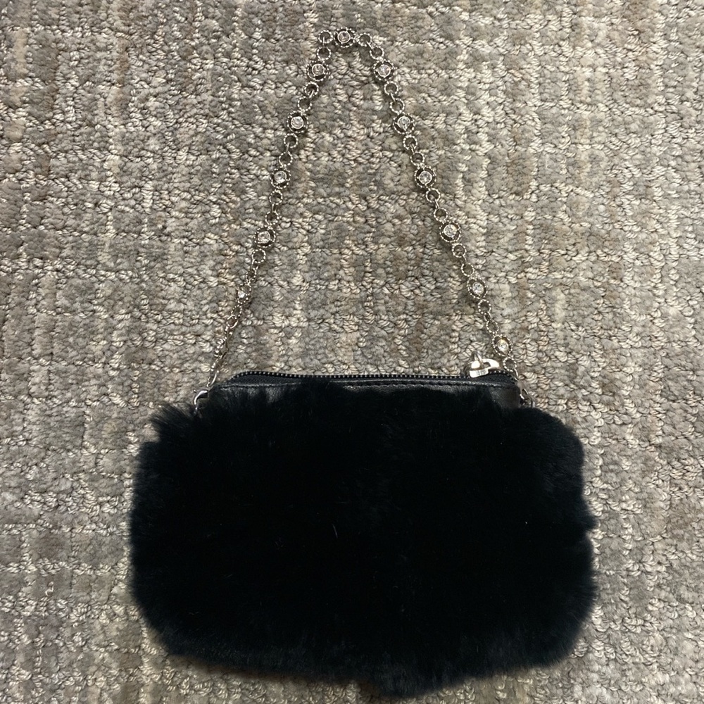 Vintage Lord & Taylor Black Rabbit Fur Mini Bag with Crystal Chain Strap